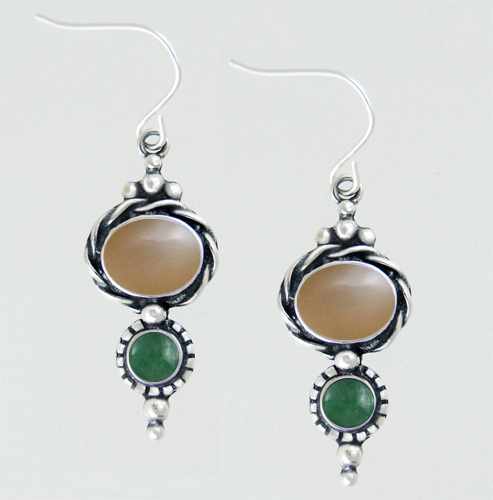 Sterling Silver Drop Dangle Earrings With Peach Moonstone And Jade